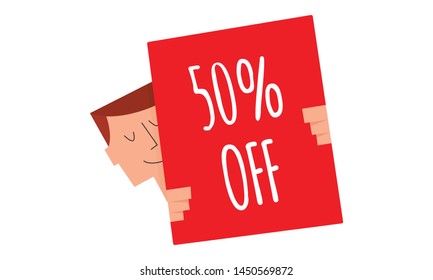 
50% discount sign on a board vector illustration. Man holding a sign "50% OFF". Business and Digital marketing concept for website and banners promotions.