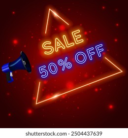 50% discount. Special mega sale offer, neon 50% off. Signage promotion. neon style..
