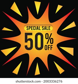 50% discount for special offer. Banner with fifty percent off on a golden splash
