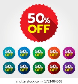 50 discount sticker. 50% off sale multi-color tag isolated vector illustration. Discount price label. symbol for advertising campaign in retail. 50% discount sale promo.