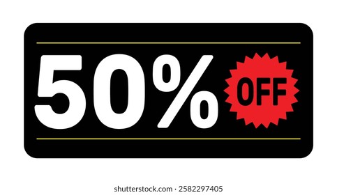 50% discount tag icon vector Black, white and rad design rectangular shape