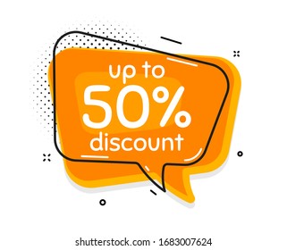 Up to 50% Discount. Thought chat bubble. Sale offer price sign. Special offer symbol. Save 50 percentages. Speech bubble with lines. Discount tag promotion text. Vector