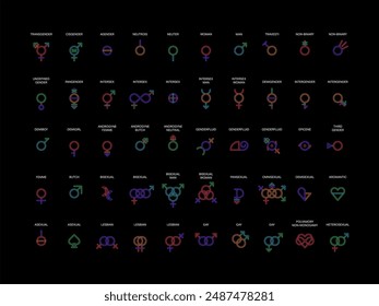 50 símbolos de Vector de género diverso con contornos coloridos aislados sobre fondo negro. Ilustración de identidad de género y Orientación sexual iconos colección para el orgullo.