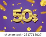 50 Dollar gift or offer poster with flying gold coins. Fifty Dollar coupon voucher, cash back banner special offer, casino winner. Vector illustration.