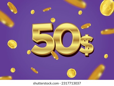 50 Dollar Geschenk oder Poster mit fliegenden Goldmünzen. 50 Dollar Coupon-Gutschein, Banner-Sonderangebot für Bargeld, Casino-Gewinner. Vektorgrafik.