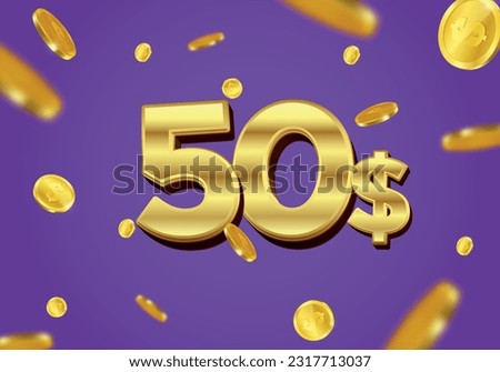 50 Dollar gift or offer poster with flying gold coins. Fifty Dollar coupon voucher, cash back banner special offer, casino winner. Vector illustration.