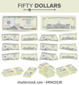 50 Dollars Banknote Vector. Cartoon US Currency. Two Sides Of Fifty American Money Bill Isolated Illustration. Cash Symbol 50 Dollars Stacks