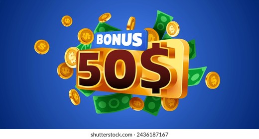 50 dollars bonus. Falling golden coins. Cashback or prize concept. Vector illustration