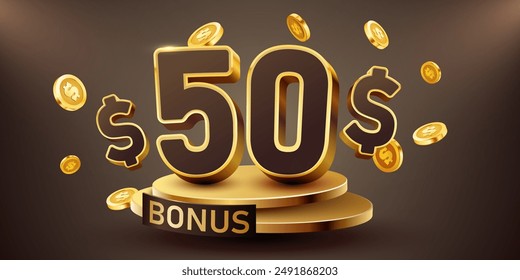 50 dollars bonus with podium and falling golden coins. Cashback or prize concept. Vector illustration