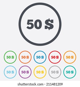 50 Dollars sign icon. USD currency symbol. Money label. Round circle buttons with frame. Vector