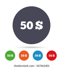50 Dollars sign icon. USD currency symbol. Money label. Round colourful buttons with flat icons. Vector