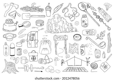 50 garabatos, gran conjunto de imágenes vectoriales de acampada a mano. Ilustración aislada para impresión, afiche, papel lindo, diseño de viajes. Ilustraciones en gráficos de contorno.