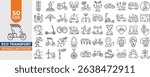 50 Eco-Friendly Transport Line Icons Set – Electric Vehicles, Bikes, Trains, Buses, Charging, Sustainability and Green Mobility. Editable Stroke Vector illustration