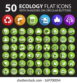 50 Ecology Flat Icons with Shadows on Circular Buttons. 