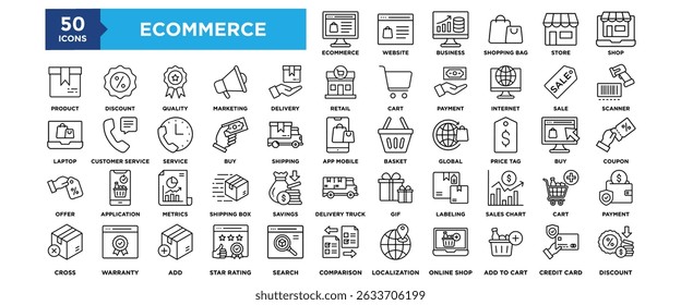 50 Ecommerce icon set. Containing design Ecommerce, Website, Business, Shopping Bag, Store	