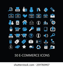 50 ecommerce, retail icons, signs, illustrations concept design set, vector