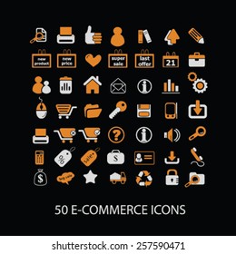 50 E-Commerce, Store, Shop, Einzelhandel, Internet-Marketing einzelne Symbole, Zeichen, Silhouetten, Illustrationen, Set, Vektorgrafik
