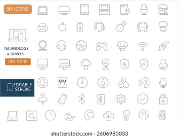 50 editable line icons of modern technology and devices including computers, gadgets, audio tools, cloud, Bluetooth, CPU, and network. Perfect for apps and UI,UX.