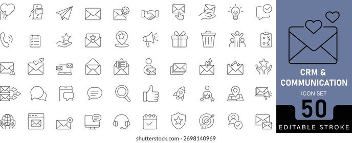 50 editable stroke vector icons of email, message, chat, and communication symbols. Perfect for CRM, support, marketing, business, and app design projects.