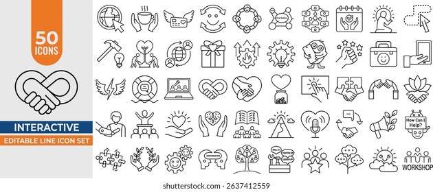 50 Editable Vector Line Icons for Interactive Workshops, Volunteering, Social Impact, and Communication. Vector Illustration. Editable Stroke