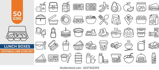 50 Editable Vector Line Icons for Lunch Boxes, Snacks, Sandwiches, Food Containers. Editable stroke. Vector illustration