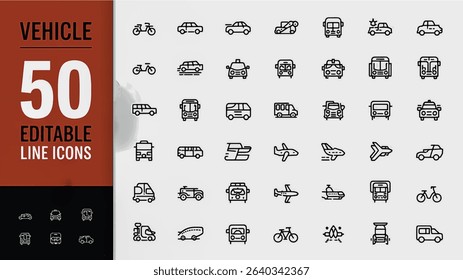 50 editable vehicle line icons in modern thin outline style including taxi, train, helicopter, bus, ship, plane, tram, and other transport types. Perfect for mobile apps, websites, and infographics