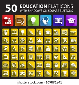 50 Education Flat Icons with Shadows on Square Buttons. 