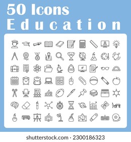 
50 education icons - clean, simple style. Perfect for teaching, learning, academic materials. Includes tools like notebooks and calculators, and concepts like orbitals and mathematics symbols.