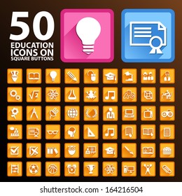 50 Education Icons on Square Buttons.