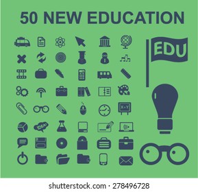 50 educación, aprendizaje, estudio, escuela, íconos científicos, signos, ilustraciones, vector