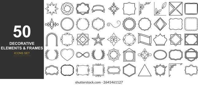 50 Elegant Line Art Vector Icons Featuring Decorative Frames, Borders, Ornaments, and Wreaths in Floral, Geometric, and Minimal Styles for Invitations, Branding, Web Design, and Packaging Projects