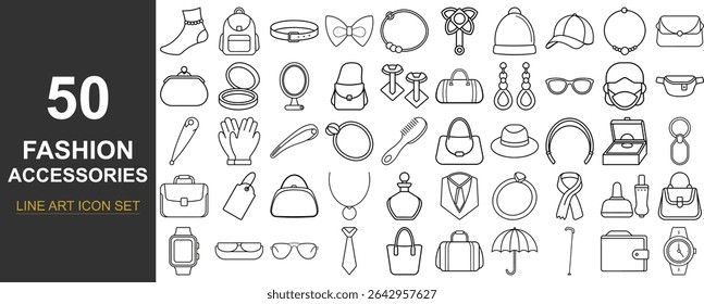 50 Elegant Line Art Vector Icons of Fashion Accessories Featuring Bags, Jewelry, Hair wear, Eyewear, and Personal Items for Digital Design, UI Kits, and Boutique Branding Projects