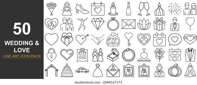 50 Elegant Line Art Vector Icons of Wedding and Love Symbols Featuring Rings, Dresses, Couples, Flowers, and Romantic Elements for Invitations, Apps, Planners, and Event Branding