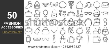 50 Elegant Line Art Vector Icons of Fashion Accessories Featuring Bags, Jewelry, Hair wear, Eyewear, and Personal Items for Digital Design, UI Kits, and Boutique Branding Projects