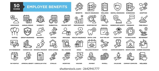 50 Employee Benefits icon set. Containing design Health Insurance, Wellness Program, Dental Insurance, Health Screenings, Adoption Assistance