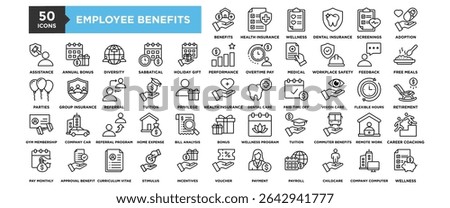 50 Employee Benefits icon set. Containing design Health Insurance, Wellness Program, Dental Insurance, Health Screenings, Adoption Assistance
