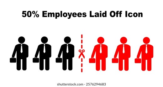 50% employee worker company laid off icon isolated in white background. Downsize organisation business. Clip art silhouette employee fired off from company