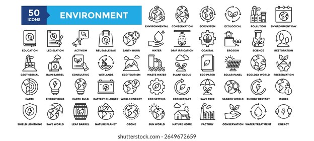 50 Environment icon set. Containing design, Environmental, Conservation, Ecosystem, Ecological, Pollution, Environment Day