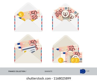 50 Euro Banknote. Set of flat style opened envelopes with cash. Isolated white paper envelope with moneys. Finance concept.