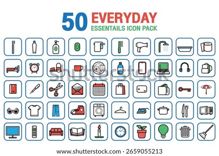 50 Everyday Essential Icon Pack. Vector Illustration