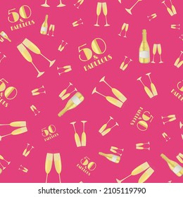 50 and Fabulous birthday anniversary celebration vector seamless pattern with champagne bottles and glasses. Gold and hot pink background. Fizzy drinks and 1920s font. Repeat for party, business event svg