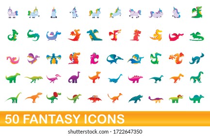50 fantasy icons set. Cartoon illustration of 50 fantasy icons vector set isolated on white background