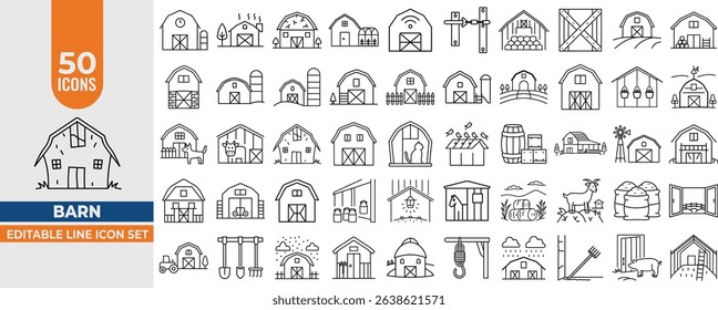 50 Farm Building Line Icons set – Barn, Stable, Shed, Silo, Hangar, Paddock and Ranch. Editable Stroke Vector illustration