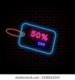 50%. fifty percent off. blue label. neon lettering template. in pink and blue colors. illustration for advertising, percentages, sale tag, percentage. neon style. brick wall background in red and blac