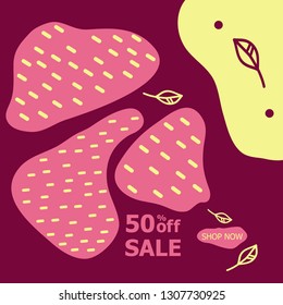 50% (fifty percent) off sale (shop now) - vector hand drawing illustration. Colorful painting for sale cards, posters, prints and banners. Pink numbers, text abstract shapes on dark background.
