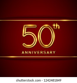 50 / Fifty Years Anniversary Logo with Shiny Golden Number on Red Background Isolated. 50th / Fiftieth Celebration Event. Can Use for Poster, Invitation and Greeting Card. Easily Editable Vector.
