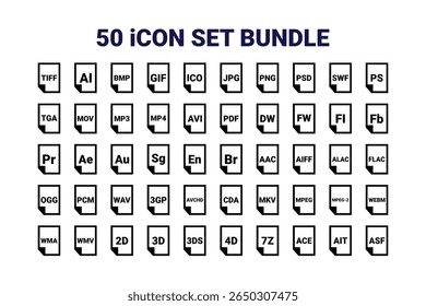 pack de jeu d'icônes 50 Type de fichier | TIFF, AI, BMP, GIF, ICO, JPG, PNG, PSD, SWF, PS, TGA, MOV, MP3, MP4, AVI, PDF, DW, FW, FL, Fb, Pr, Ae, Au, Sg, En, Br, AAC, AIFF, ALAC, FLAC, OGG, PCM, WAV, 3GP, AVCHD