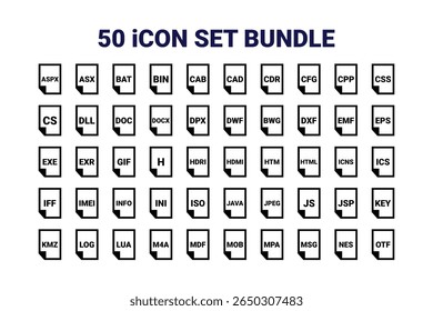 50 File Type Icon Set Bundle | ASPX, ASX, BAT, BIN, CAB, CAD, CDR, CFG, CPP, CSS, CS, DLL, DOC, DOCX, DPX, DWF, BWG, DXF, EMF, EPS, EXE, EXR, GIF, H, HDRI, HDMI, HTM, HTML, ICNS, ICS, IFF, IMEI, INFO