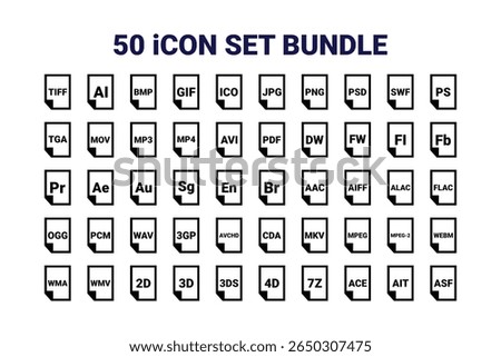50 File Type Icon Set Bundle | TIFF, AI, BMP, GIF, ICO, JPG, PNG, PSD, SWF, PS, TGA, MOV, MP3, MP4, AVI, PDF, DW, FW, FL, Fb, Pr, Ae, Au, Sg, En, Br, AAC, AIFF, ALAC, FLAC, OGG, PCM, WAV, 3GP, AVCHD