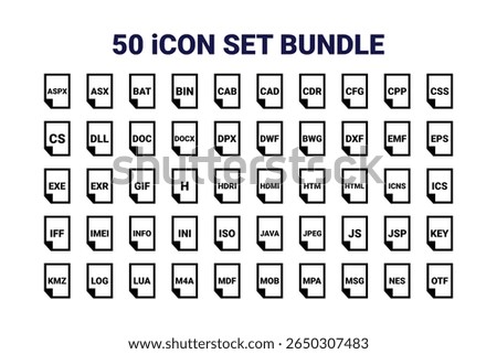 50 File Type Icon Set Bundle | ASPX, ASX, BAT, BIN, CAB, CAD, CDR, CFG, CPP, CSS, CS, DLL, DOC, DOCX, DPX, DWF, BWG, DXF, EMF, EPS, EXE, EXR, GIF, H, HDRI, HDMI, HTM, HTML, ICNS, ICS, IFF, IMEI, INFO
